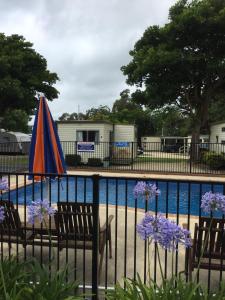 an umbrella and chairs next to a swimming pool at Beachcomber Caravan Park in Mallacoota
