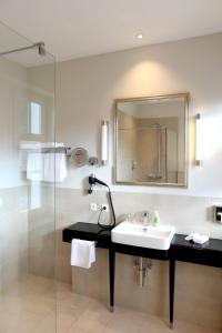 a bathroom with a sink and a mirror and a shower at Villa Waldfrieden - Gästehaus zum Jugendstilhotel in Annweiler am Trifels