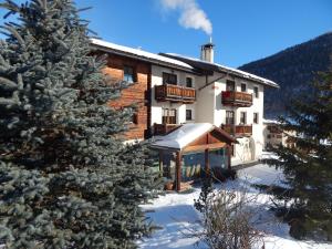 a large building with a snow covered yard with a christmas tree at Appartamenti Bait da Erich in Livigno