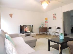 a living room with a couch and a tv at Superbe maison, confort calme et pratique in Cergy