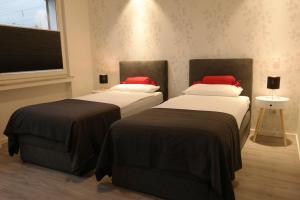 2 Betten in einem Hotelzimmer mit einem TV in der Unterkunft Minsu Hotel in Mülheim an der Ruhr