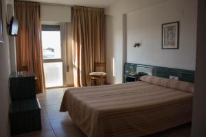 una camera d'albergo con letto e finestra di Hotel Pepa a Villafranca de Ebro