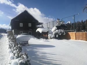 ein schneebedecktes Haus vor der Tür in der Unterkunft Alexandra Appartement in Gersdorf