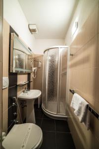 a bathroom with a shower and a toilet and a sink at La Vecchia Cartiera in Colle di Val d'Elsa