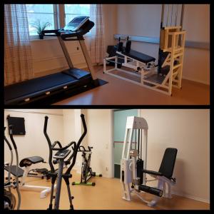 dos fotos de un gimnasio con cinta de correr y bicicletas estáticas en Hotell Monica, en Hagfors