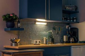 cocina con armarios azules y encimera en B&B de Ferver en Leeuwarden