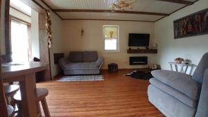 a living room with a dog laying on the floor at Country House Kosiv in Kosiv