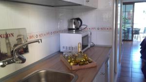Una encimera de cocina con fregadero y microondas. en Torres Los Cristianos, en Arona