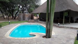 a small swimming pool with a thatch roof at Khan River in Wilhelmstal