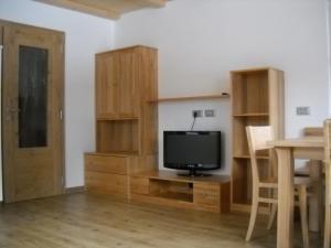 a living room with a tv and wooden cabinets at App. Daverda Walter Strada al Plan Dessora 26 in San Vigilio Di Marebbe