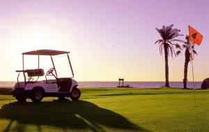 a golf cart parked on a golf course near the ocean at Maravilloso Apart. 8 pax, Tablero 8, Playa Inglés in El Tablero