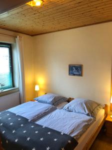 une chambre avec un grand lit avec deux oreillers dans l'établissement Möwenflug Apartments, à Travemünde