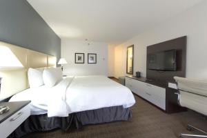 a hotel room with a large bed and a flat screen tv at Toronto Don Valley Hotel and Suites in Toronto