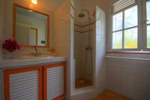 Un baño con lavabo y ducha con espejo. en Villa avec piscine et vue mer (MQRO08), en Le Robert 24 fotos más