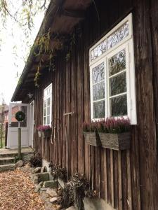 una casa in legno con due finestre e fiori in cesti di Ferienwohnung Alte Scheune a Egestorf