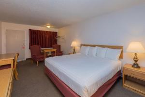 a hotel room with a large bed and a desk at Motel 8 Rock Springs in Rock Springs