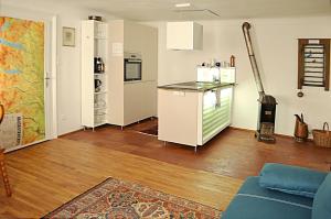 a living room with a refrigerator and a counter top at Apartment Center in Gmunden