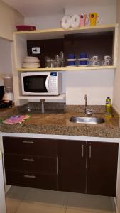 un bancone della cucina con forno a microonde e lavandino di Flat Marinas - Cabo Branco - João Pessoa a João Pessoa