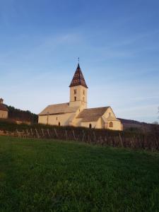 een kerk met een toren op een groen veld bij Chez Jeannette in Fixin