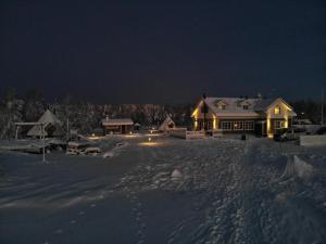 a house in the snow at night at Miekojärvi Resort in Pello