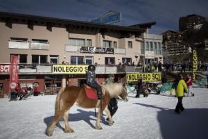 une personne se déplaçant à l'arrière d'un cheval dans la neige dans l'établissement Hotel Laghetto, à Prato Nevoso