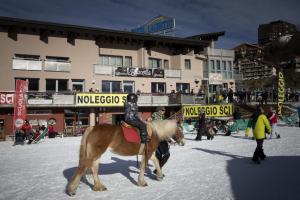 帕拉托聶福索的住宿－Hotel Laghetto，骑在雪上骑马的人