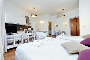 ローマにあるBella San Pietroのリビングルーム(ベッド2台付)、キッチンが備わります。
