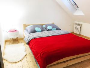 sypialnia z łóżkiem z czerwonym kocem i niebieskimi poduszkami w obiekcie Apartamenty Centrum Rajcza w mieście Rajcza