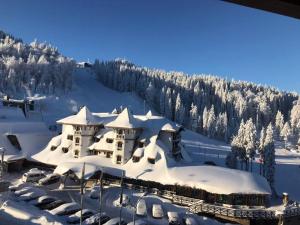 a building covered in snow on a snowy mountain at Apartman Jahorina-hotel Vucko in Jahorina
