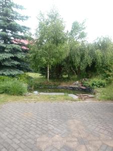 a brick driveway with a pond in a garden at villa in Nowa Ruda