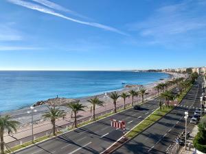 a view of a beach with palm trees and the ocean at Florida Blue - Easy Home Booking in Nice