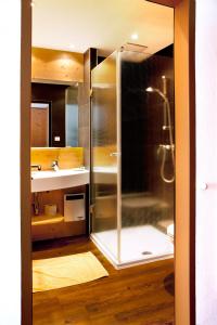 een badkamer met een douche en een wastafel bij Gasthof Pension Seidl in Arbesbach