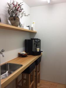 eine Küche mit einer Theke mit einer Spüle und einer Mikrowelle in der Unterkunft B & B Longhin in Maloja