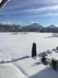 un campo cubierto de nieve con montañas en el fondo en Ferienwohnung Black White, en Raubling