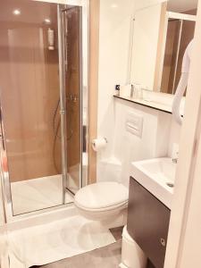 een badkamer met een douche, een toilet en een wastafel bij Hôtel du Grand-Mont in Beaufort