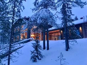 a house in the snow with trees in front of it at The Little Elk in Ruka