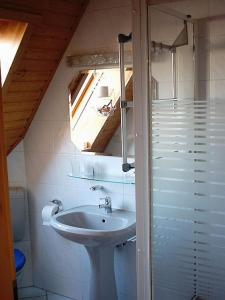 uma casa de banho com um lavatório e um chuveiro com uma janela em Ferienwohnung Heucke em Berlim