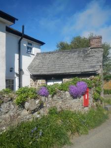 a stone house with a red mailbox and purple flowers at Boots Cottage in Bude
