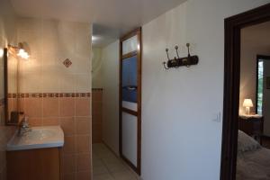 ein Badezimmer mit Waschbecken und Dusche in der Unterkunft Gîtes de la Croix du Bourg in Le Mesnil-Ozenne