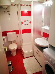 a red and white bathroom with a toilet and a sink at Studio Apartment Nature in Ravni