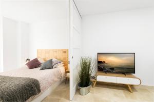 um quarto com uma cama e uma televisão de ecrã plano em Apartamento Lujo Ancha del Carmen em Málaga