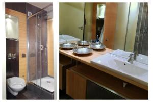 2 fotos de un baño con lavabo y ducha en Apartment with GARDEN in CITY CENTER, en Cracovia