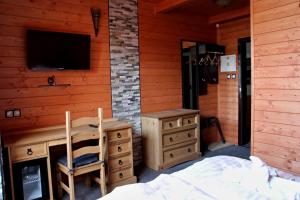 Schlafzimmer mit einem Schreibtisch, einem Bett und einem TV in der Unterkunft Nábřežní terasy in Saar