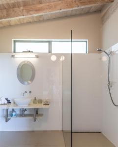 a bathroom with a shower and a sink at Church Bay Escape in Oneroa