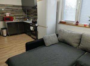 a living room with a couch and a kitchen at Ubytovanie Queen in Nováky