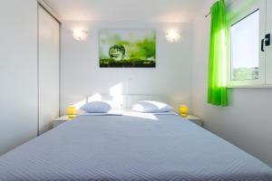 a bedroom with a bed and two windows at Apartment Stella in Ražanj