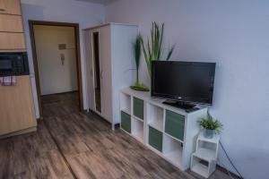 een woonkamer met een flatscreen-tv op een plank bij FeWo Köln in Keulen