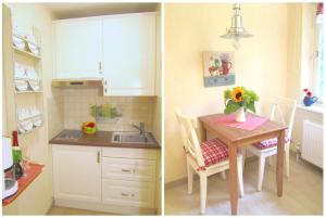 two pictures of a kitchen with a table and a sink at Apartment Am Mühlendeich in Vollerwiek