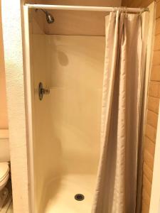 a shower with a shower curtain in a bathroom at Deluxe Inn Motel in Sparks