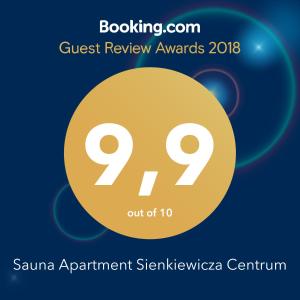 Family & Business Sauna Apartments Sienkiewicza No1 Centrum Downtown - 1 Bedroom with Private Sauna, Bath with Hydromassage, Parking في كيلسي: دائرة صفراء مع المراجعة النصية للنزيل جوائز ساونا توقيع الشقة